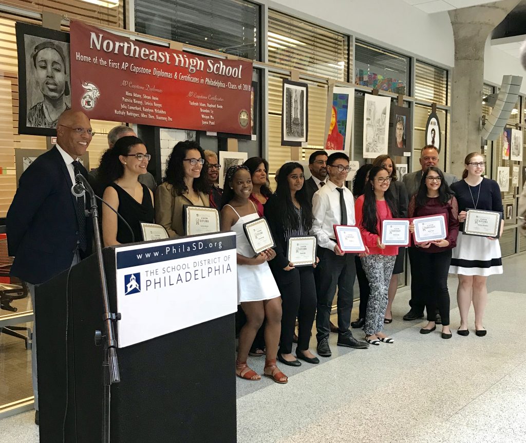  Students who earned AP Capstone honors gathered with Superintendent William Hite and other dignitaries at a ceremony on Tuesday. (Dale Mezzacappa/The Notebook) 