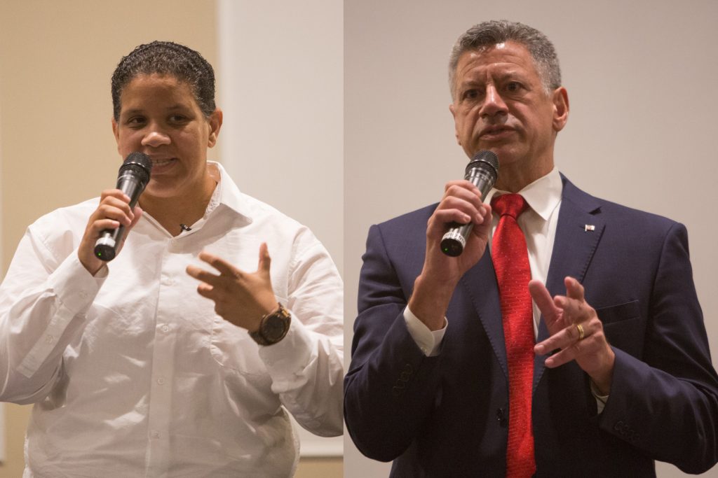 Two of of the four Delaware U.S. Senate primary candidates, Democrat Kerri Evelyn Harris, (left), and Republican Gene Truono, (right), met for a debate in Hockenssin, Delaware, in front of over 100 constituents on Aug. 20, 2018. (Emily Cohen for WHYY)