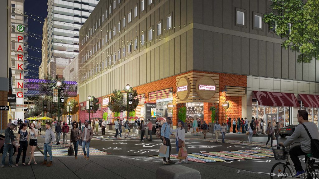 Fashion District – City Winery Exterior An artist's rendering shows the City Winery exterior in the new Fashion District. (JPRA Architects)