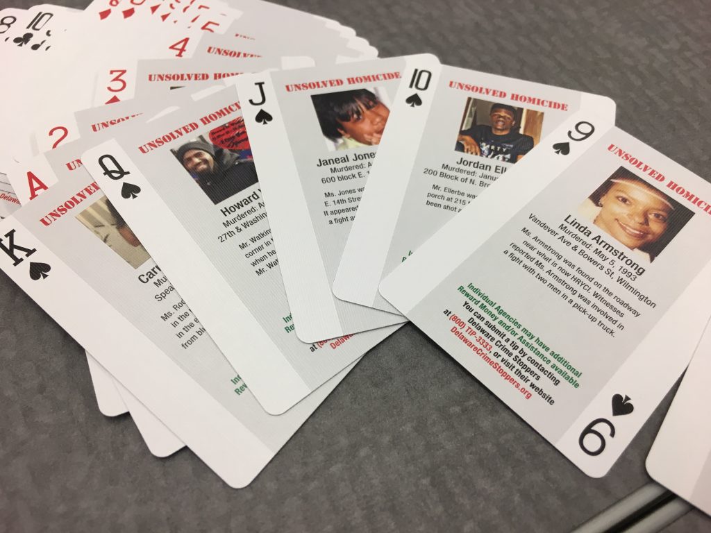 Cold case cards Police in Delaware will distribute decks of playing cards that have pictures and stories of unsolved murders in hopes that inmates will join their effort to solve the crimes. (Mark Eichmann/WHYY)