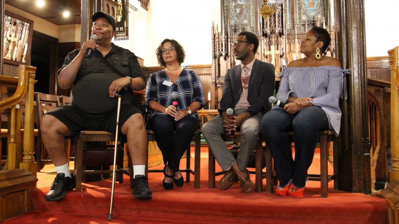 Bill Lowery (left) talks about his experiences with homelessness and rehabilitation during a panel discussion that followed a screening of the series 