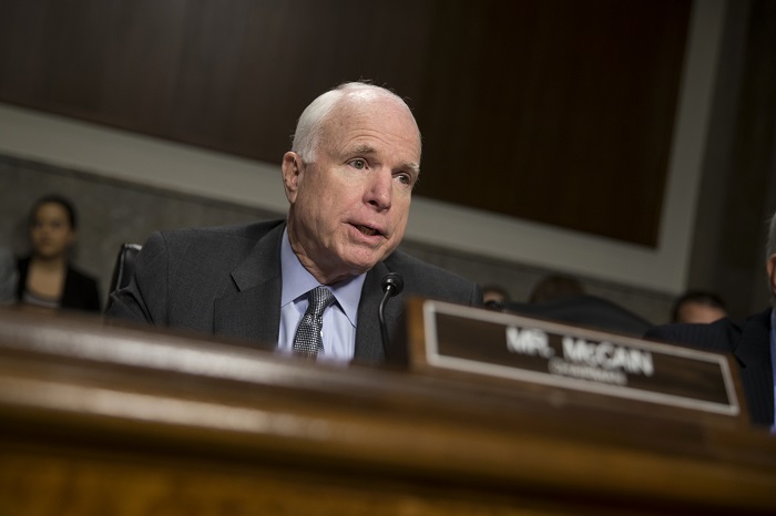 Senate Armed Services Committee Chairman Sen. John McCain, R-Ariz., speaks on Capitol Hill in Washington, Tuesday, Feb. 9, 2016, during the committee's hearing with Director of National Intelligence James Clapper and Defense Intelligence Agency Director Lt. Gen. Vincent Stewart on worldwide threats. (AP Photo/Evan Vucci)