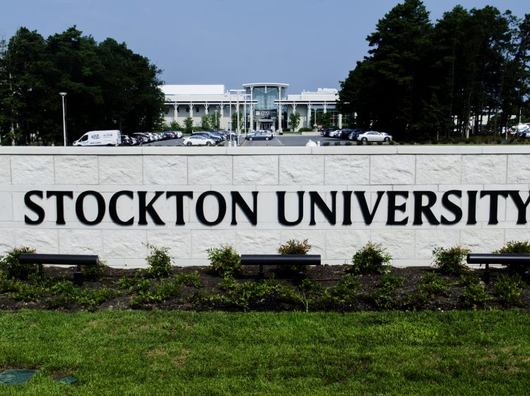 Stockton University, Galloway Township. campus. (Anthony Smedile for WHYY) a sign for Stockton University