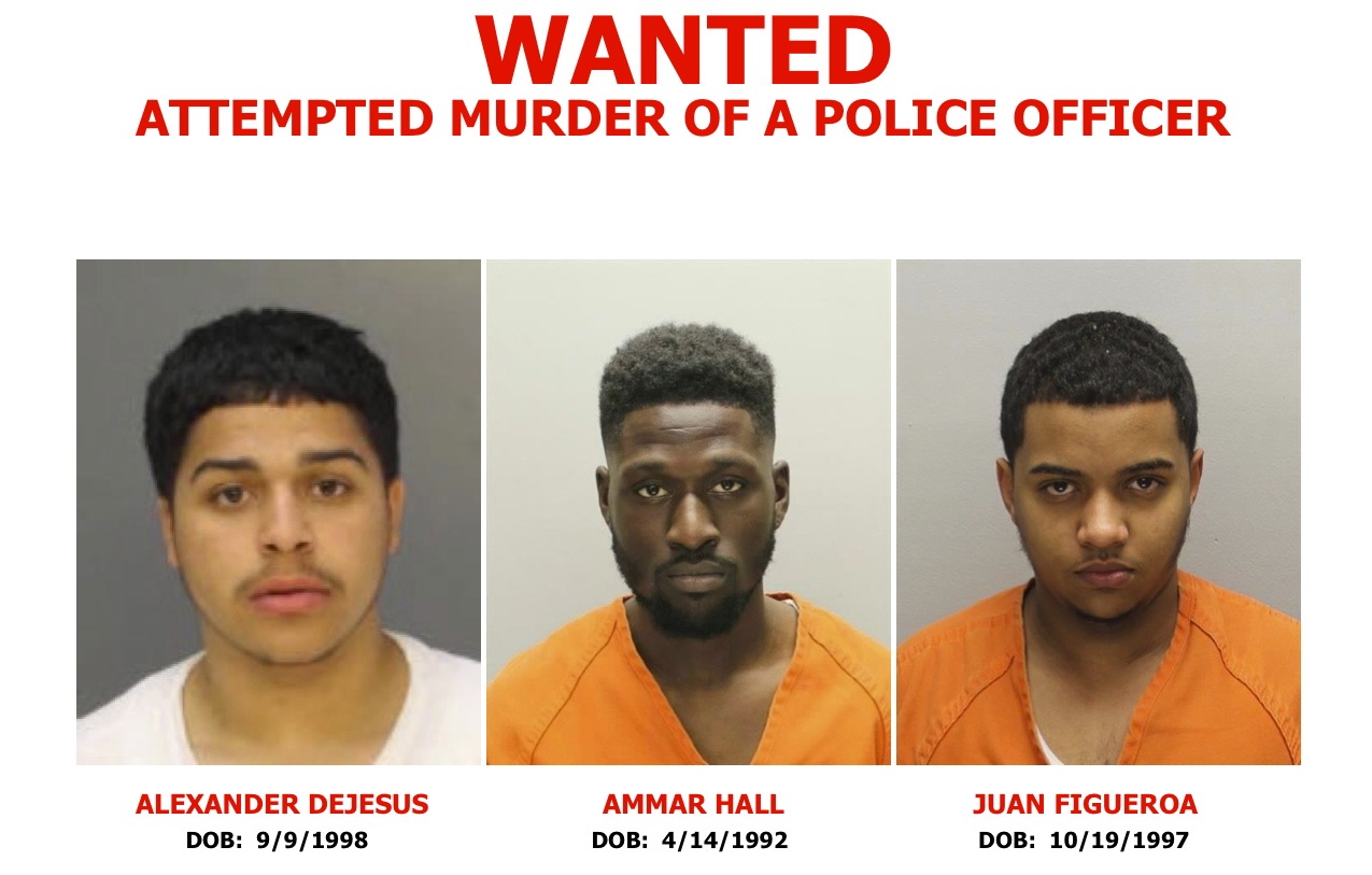 Police say (from left) Alexander Dejesus, Ammar Hall and Juan Figueroa are responsible for the shooting of two undercover Camden detectives as they sat in their unmarked car at a red light.