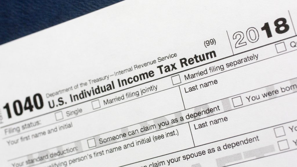 A 1040 U.S. Individual Income Tax Return form for 2018. A 1040 U.S. Individual Income Tax Return form for 2018.