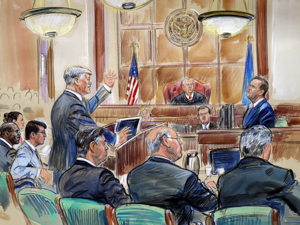 This courtroom sketch depicts defense lawyer Kevin Downing questioning Rick Gates, as former Trump campaign chairman Paul Manafort listens. This courtroom sketch depicts defense lawyer Kevin Downing questioning Rick Gates, as former Trump campaign chairman Paul Manafort listens.
(Dana Verkouteren/AP)