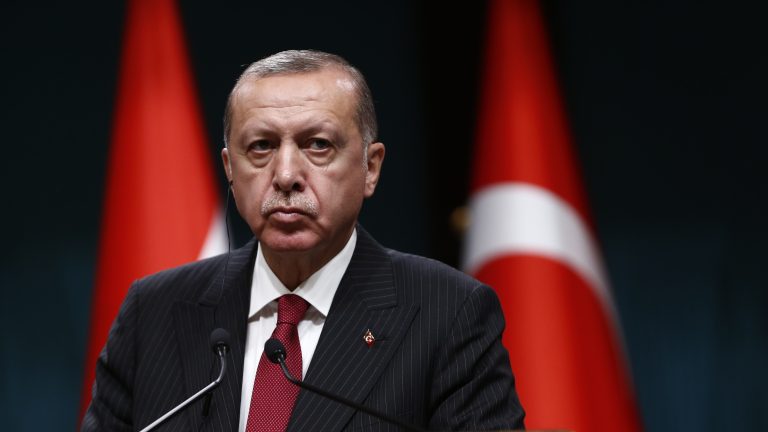 Turkish President Recep Tayyip Erdogan speaks during a news conference Tuesday at the presidential palace in Ankara.
(Burhan Ozbilici/AP)
