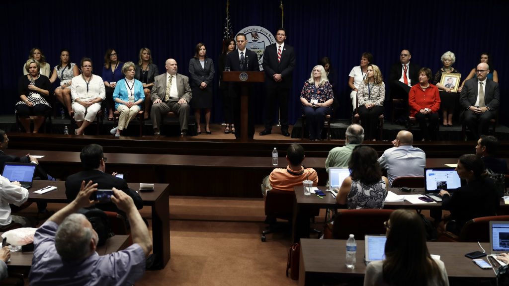 Pennsylvania Attorney General Josh Shapiro speaks during a news conference at the Pennsylvania Capitol on Tuesday. A Pennsylvania grand jury says its investigation of clergy sexual abuse identified more than 1,000 child victims in records in six Roman Catholic dioceses. Pennsylvania Attorney General Josh Shapiro speaks during a news conference at the Pennsylvania Capitol on Tuesday. A Pennsylvania grand jury says its investigation of clergy sexual abuse identified more than 1,000 child victims in records in six Roman Catholic dioceses.
Matt Rourke/AP