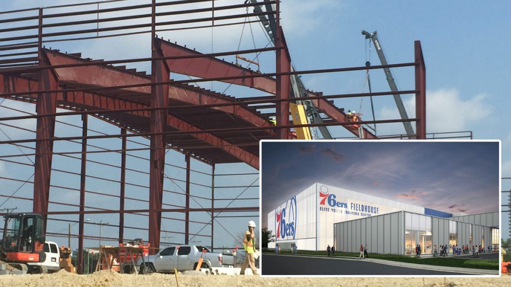 76errs Fieldhouse Buccini Pollin Construction is under way at the 76ers Fieldhouse in Wilmington, which the developer says will also serve as a training center for elite youth athletes and offer athletic, educational and leadership programs for poor city children. (Cris Barrish/WHYY. Inset courtesy of Buccini/Pollin Group)