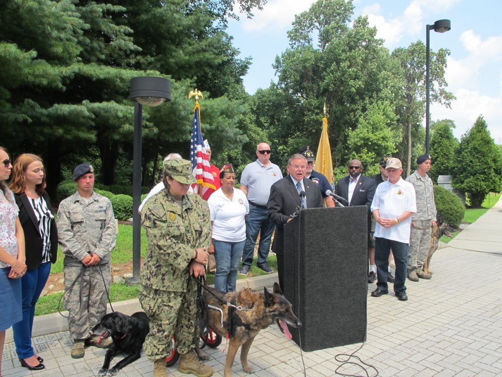 dogs At the U.S. War Dog Memorial in Holmdel, U.S. Sen. Bob Menendez, D-New Jersey, and K9 teams celebrate the expected creation of the Guardians of America Freedom Medal. (Phil Gregory/WHYY)