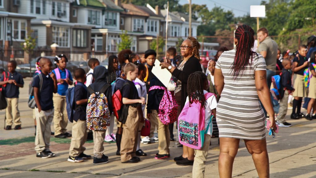 first day of school-7 Students line up outside Joseph Pennell Elementary on the first day of school. (Kimberly Paynter/WHYY)