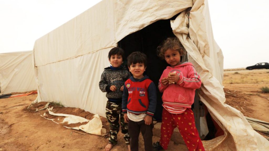 hechinger16x9 MAFRAQ, Jordan — Syrian refugee children at a settlement near the Jordan-Syria border on April 26, 2018. (© Mohammad Abu Ghosh/Xinhua via ZUMA Wire)