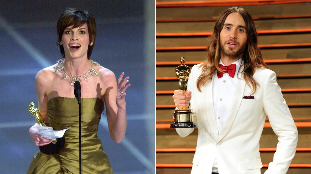 hollywood16x9 In this combination photo, Hilary Swank accepts the Oscar for best actress for her role in