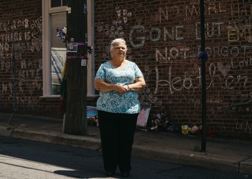 Susan Bro stands on 4th Street SE in Charlottesville, Va., where where her daughter Heather Heyer was killed. Heyer died in August 2017 during a violent white nationalist rally. Susan Bro stands on 4th Street SE in Charlottesville, Va., where where her daughter Heather Heyer was killed. Heyer died in August 2017 during a violent white nationalist rally.
(Justin T. Gellerson for NPR)