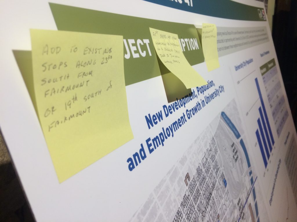 A poster board with residents' comments at SEPTA's Route 49 open house last year. (Jim Saksa/WHYY News)