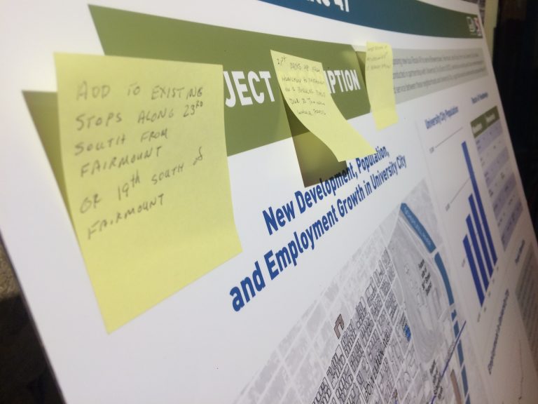 A poster board with residents' comments at SEPTA's Route 49 open house last year. (Jim Saksa/WHYY News)