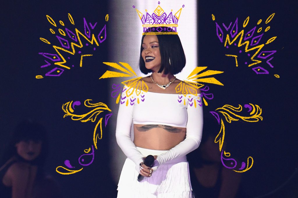 Rihanna performs on stage at the BRIT Awards in 2016. (Photo Illustration Ian Gavan/Getty Images and Angela Hsieh/NPR)