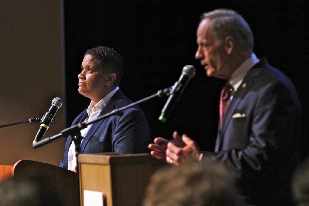 2018 08 27-e lee-kerri evelyn harris-wilmington-senate debate Democratic U.S. Senate candidates Kerri Evelyn Harris and incumbent Sen. Tom Carper debate in advance of Thursday's primary election. (Emma Lee/WHYY)