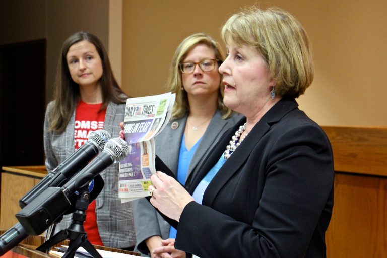 Cathy Stone (right), executive director of the Domestic Abuse Project of Delaware County, holds up a headline-grabbing example of domestic abuse during a press conference to promote Pensylvania House Bill 2060, which prohibits abusers from possessing guns. She is joined by (from left) Sara Wallace of Moms Demand Action and state Rep. Leanne Krueger-Braneky, a co-sponsor of the bill. (Emma Lee/WHYY)