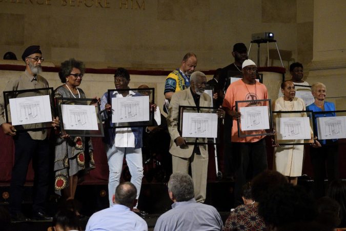 Freedom Fighters, activists, and pioneers are honored for their involvement in the civil rights demonstrations of the 1960s at Girard College, during an event commemorating the 50th anniversary of the desegregation of the once all white, male school. (Bastiaan Slabbers for WHYY)