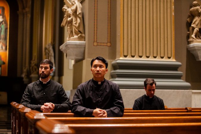 Clergy attended a mass Friday evening at the Basillica of Saints Peter and Paul for a night of prayer and reflection following the recent revelations of wide spread sexual abuse by priests across the state. (Brad Larrison for WHYY)