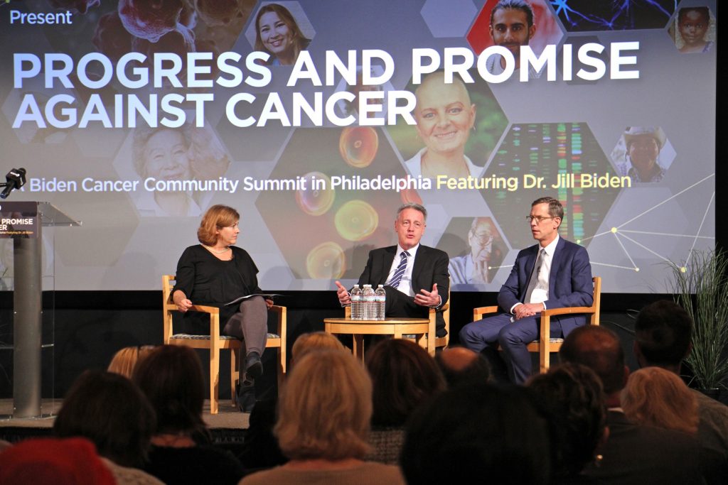 2018 09 21-e lee-maiken scott dario altieri robert vonderheide-whyy-cancer research event Dr. Dario Altieri (center), president and CEO of the Wistar Institute, talks about the road to FDA approval for cancer treatments during a discussion with Abramson Cancer Center Director Robert Vonderheide (right).
The discussion was moderated by Maiken Scott (left), host of WHYY's The Pulse. (Emma Lee/WHYY)