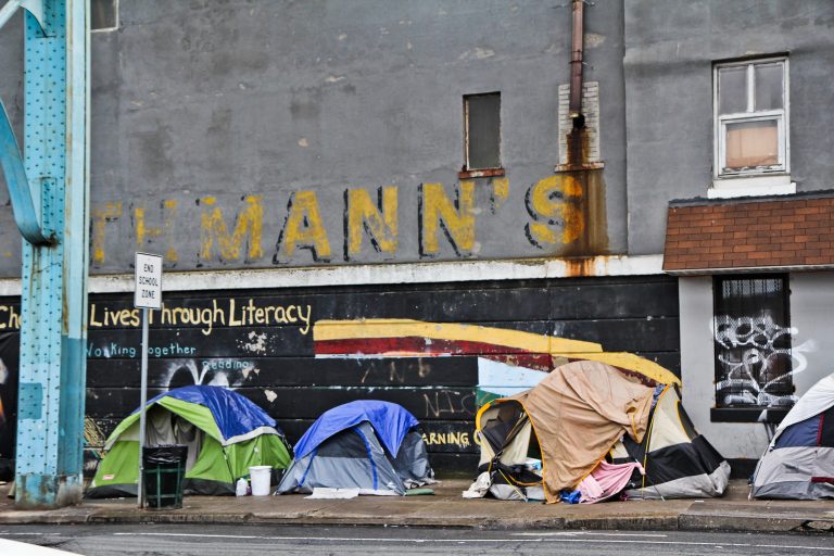 People were evicted from an encampment at Kensington and Tulip Streets in May. The city of Philadelphia released its “Roadmap to Homes” Wednesday, a plan to reduce street homelessness by 5 percent every year for the next five years. (Kimberly Paynter/WHYY)