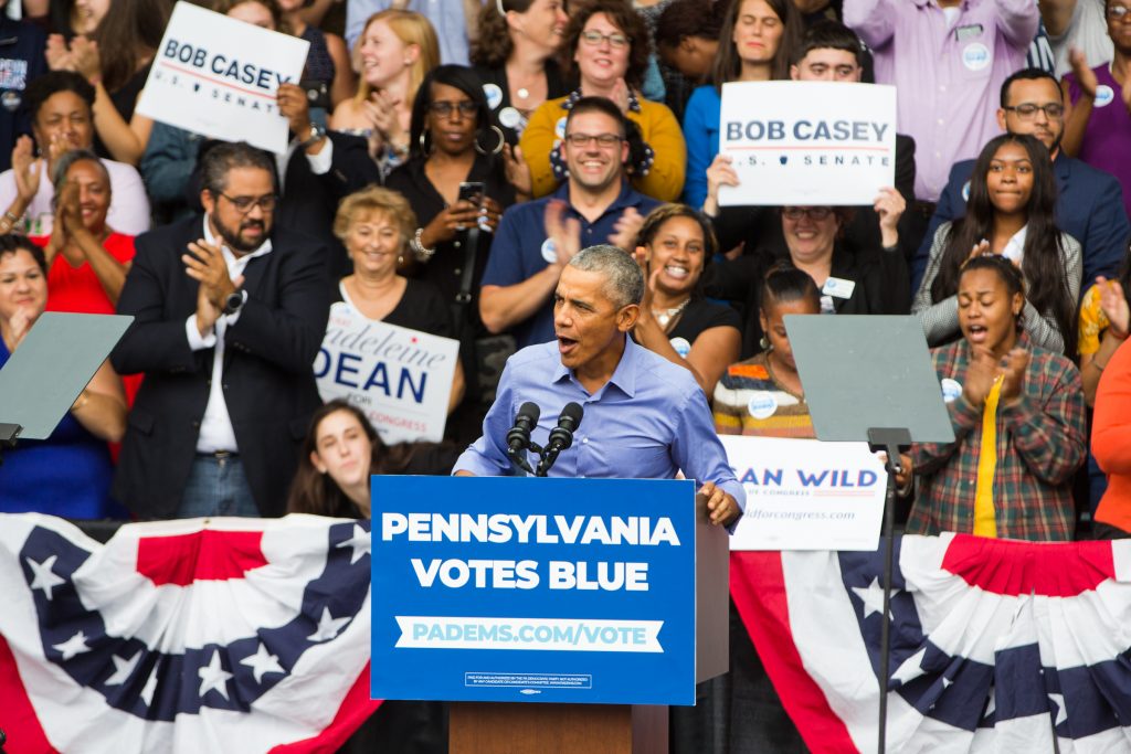 2018 9 21 k paynter barack obama-2 Former president Barack Obama campaigns for the re-election of U.S. Sen. Bob Casey and Gov. Tom Wolf at the Dell Music Center in North Philadelphia. (Kimberly Paynter/WHYY)