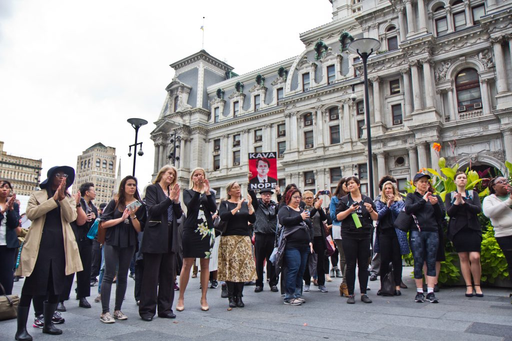 2018 9 24 k paynter national metoo walkout-3 Women and allies gathered in Center City Philadelphia as part of a national walkout to show support for Christine Blasey Ford and Deborah Ramirez, two women who claim Supreme Court Judge nominee Brett Kavanaugh assaulted them. (Kimberly Paynter/WHYY)