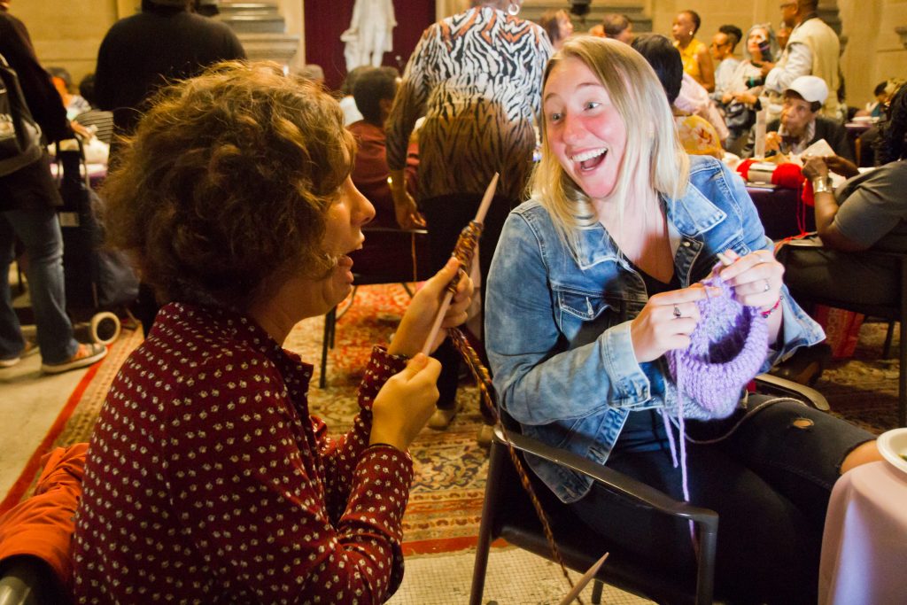 2018 9 27 k paynter knit in-9 Knitters Greta Shanley (right) and Claudia Blaza (left), agree that knitting is therapy. (Kimberly Paynter/WHYY)