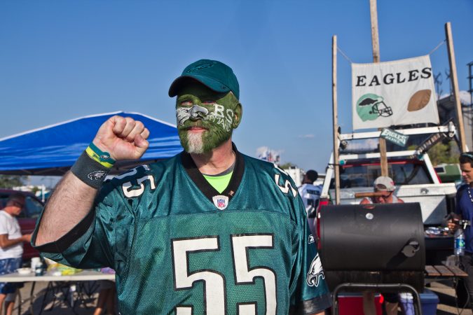 Gene Olewnik from Northeast Philadelphia sports Eagles face paint for the season opener. (Kimberly Paynter/WHYY)