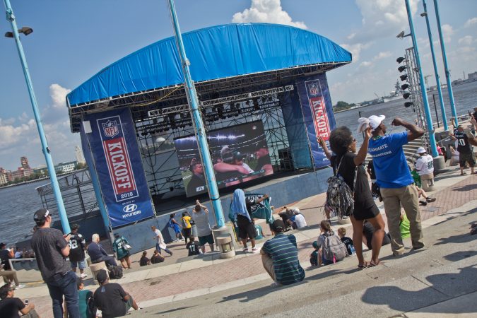 Eagles fans relive Super Bowl LII at Penn’s Landing on the day of their home opener. (Kimberly Paynter/WHYY)