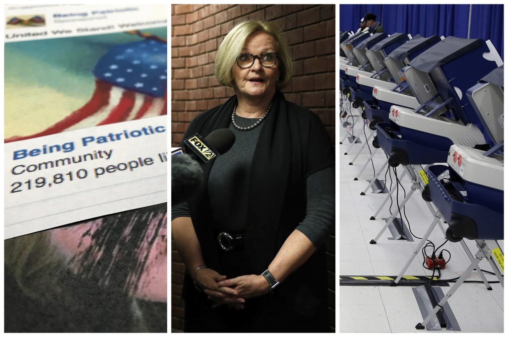 Election Security Cyber Threats This combination of 2017-2018 photos shows (from left), a Facebook posting from a group named