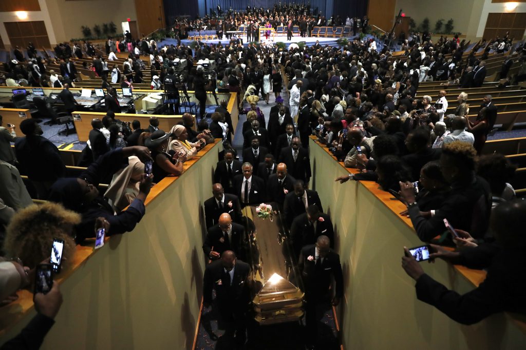 Aretha Franklin Pallbearers carry the casket out of Greater Grace Temple at the end of the funeral for Aretha Franklin, Friday, Aug. 31, 2018, in Detroit. Franklin died Aug. 16, 2018 of pancreatic cancer at the age of 76. (Jeff Roberson/AP Photo)