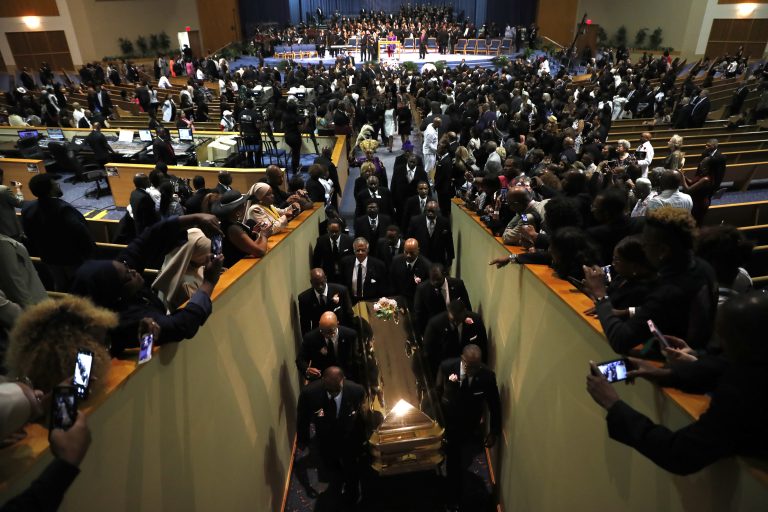 Pallbearers carry the casket out of Greater Grace Temple at the end of the funeral for Aretha Franklin, Friday, Aug. 31, 2018, in Detroit. Franklin died Aug. 16, 2018 of pancreatic cancer at the age of 76. (Jeff Roberson/AP Photo)