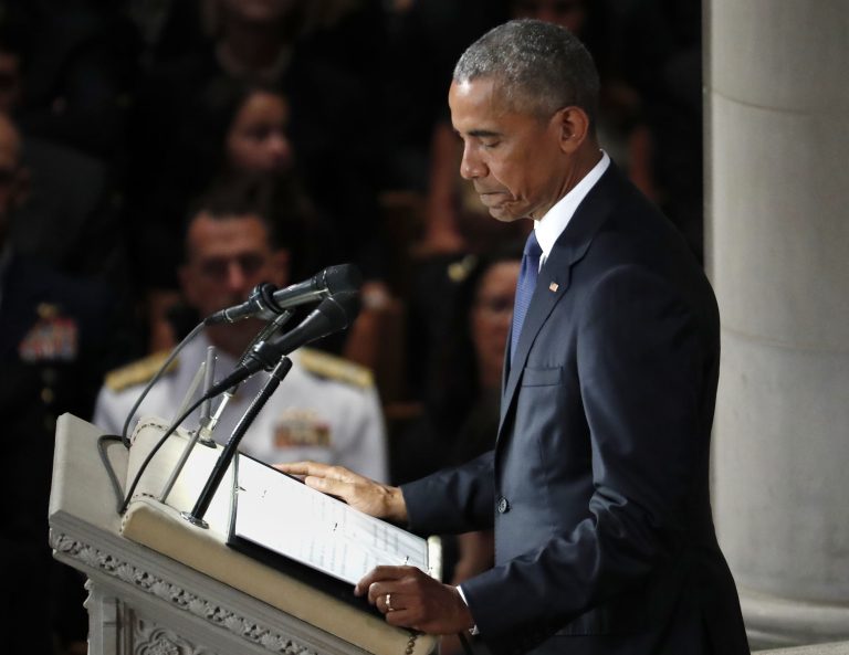Former President Barack Obama pauses as he speaks at a memorial service for Sen. John McCain, R-Ariz., at Washington National Cathedral in Washington, Saturday, Sept. 1, 2018. McCain died Aug. 25, from brain cancer at age 81. (AP Photo/Pablo Martinez Monsivais)