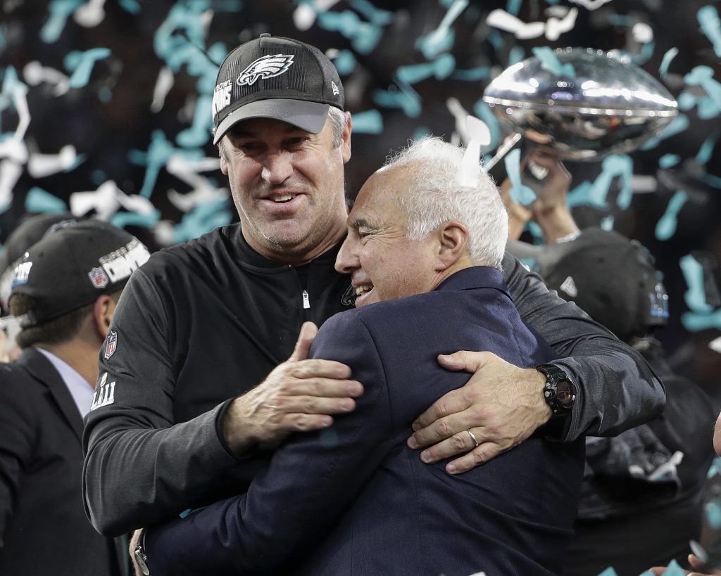 Falcons Eagles Football FILE - In this Feb. 4, 2018, file photo, Philadelphia Eagles owner Jeffrey Lurie, right, and head coach Doug Pederson celebrate after the NFL Super Bowl 52 football game against the New England Patriots, in Minneapolis. Before the Eagles begin their quest for a repeat, they'll have one more celebration when the first Super Bowl banner in franchise history is unveiled in front of a sellout crowd that waited forever to witness the moment.