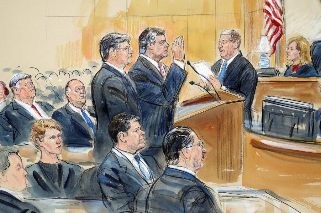 Paul Manafort, Richard Westling, Andrew Weissmann, Greg Andres This courtroom sketch depicts former Donald Trump campaign chairman Paul Manafort, (center), and his defense lawyer Richard Westling, (left), before U.S. District Judge Amy Berman Jackson, (seated upper right), at federal court in Washington, Friday, Sept. 14, 2018, as prosecutors Andrew Weissmann, (bottom center), and Greg Andres watch. Manafort has pleaded guilty to two federal charges as part of a cooperation deal with prosecutors. (Dana Verkouteren via AP)