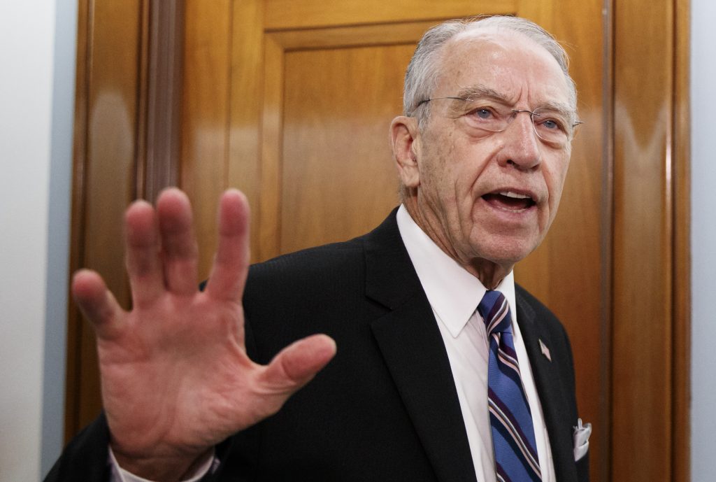Chuck Grassley Senate Judiciary Committee chairman Chuck Grassley, R-Iowa, seeks to media during a break in a Senate Judiciary Committee hearing on Capitol Hill in Washington, Thursday, Sept. 27, 2018, with Christine Blasey Ford and Supreme Court nominee Brett Kavanaugh. (AP Photo/Carolyn Kaster)