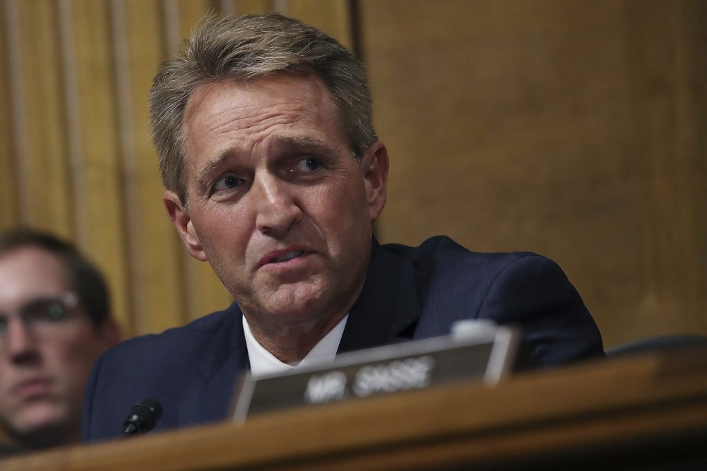 Supreme Court Kavanaugh Sen. Jeff Flake, R-Ariz., questions Supreme Court nominee Brett Kavanaugh as he testifies before the Senate Judiciary Committee on Capitol Hill in Washington, Thursday, Sept. 27, 2018. (Win McNamee/Pool Photo via AP)