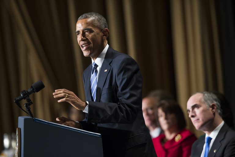 President Barack Obama speaks during the National Prayer Breakfast in Washington, Thursday, Feb. 5, 2015.  Sen. Bob Casey, D-Pa. is at right.  (Evan Vucci/AP Photo)