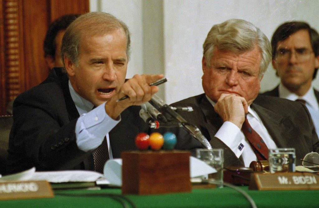 Obama Biden Profile In this Oct. 12, 1991 file photo Senate Judiciary Committee Chairman Joe Biden, D-Del., points angrily at Clarence Thomas during comments at the end of hearings on Thomas' nomination to the Supreme Court on Capitol Hill. Sen. Edward Kennedy, D-Mass. looks on at right. (Greg Gibson/AP Photo, File)