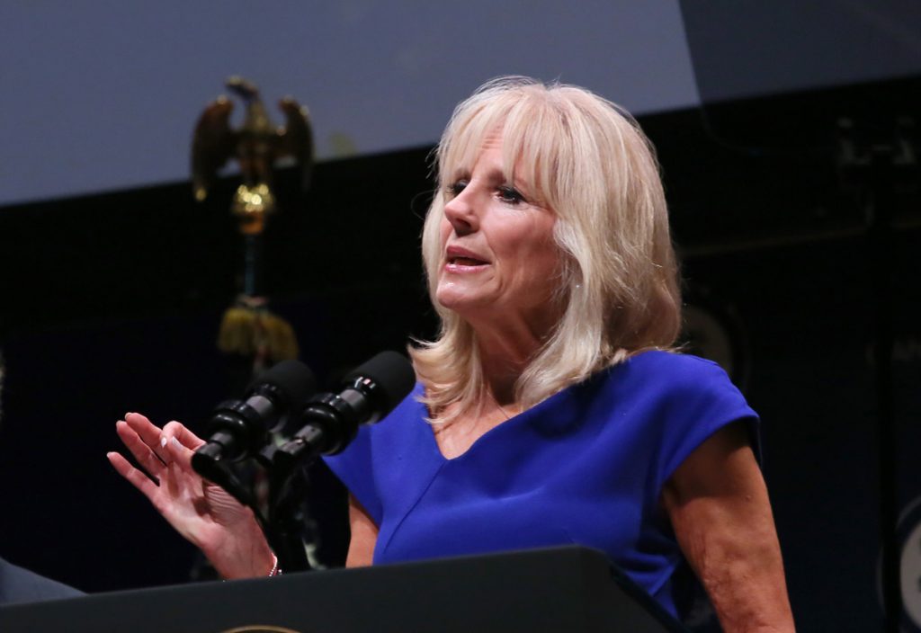 Joe Biden, Dr. Jill Biden Dr. Jill Biden speaks about Cancer Moonshot, an initiative to advance scientific research for cancer, at The Social Good Summit at the 92nd Street Y in New York, Monday, Sept. 19, 2016. (Stuart Ramson/AP Images for UN Foundation)