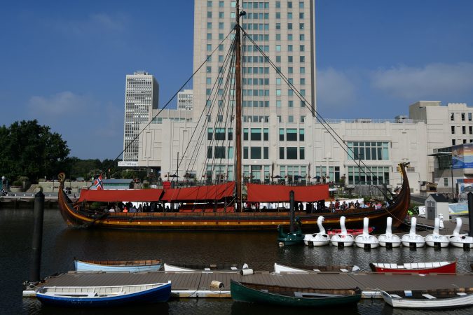 The oar-powered Draken Harald Harfagre viking ship is moored at Penn's Lansing, on Monday. (Bastiaan Slabbers for WHYY)