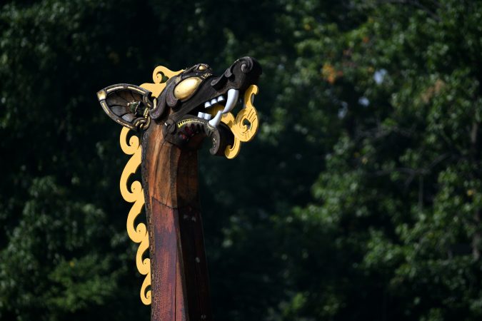 The oar-powered Draken Harald Harfagre viking ship is moored at Penn's Lansing, on Monday. (Bastiaan Slabbers for WHYY)