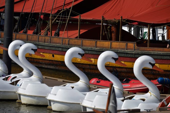 The oar-powered Draken Harald Harfagre viking ship is moored at Penn's Lansing, on Monday. (Bastiaan Slabbers for WHYY)