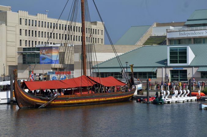 The oar-powered Draken Harald Harfagre viking ship is moored at Penn's Lansing, on Monday. (Bastiaan Slabbers for WHYY)