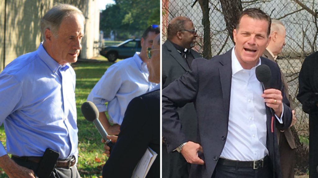 Carper Arlett flip At left, U.S. Sen. Tom Carper, a three-term Democratic incumbent, will face Republican challenger Rob Arlett in the Nov. 6 general election. Both easily won their primary races Thursday. (Mark Eichmann/WHYY)