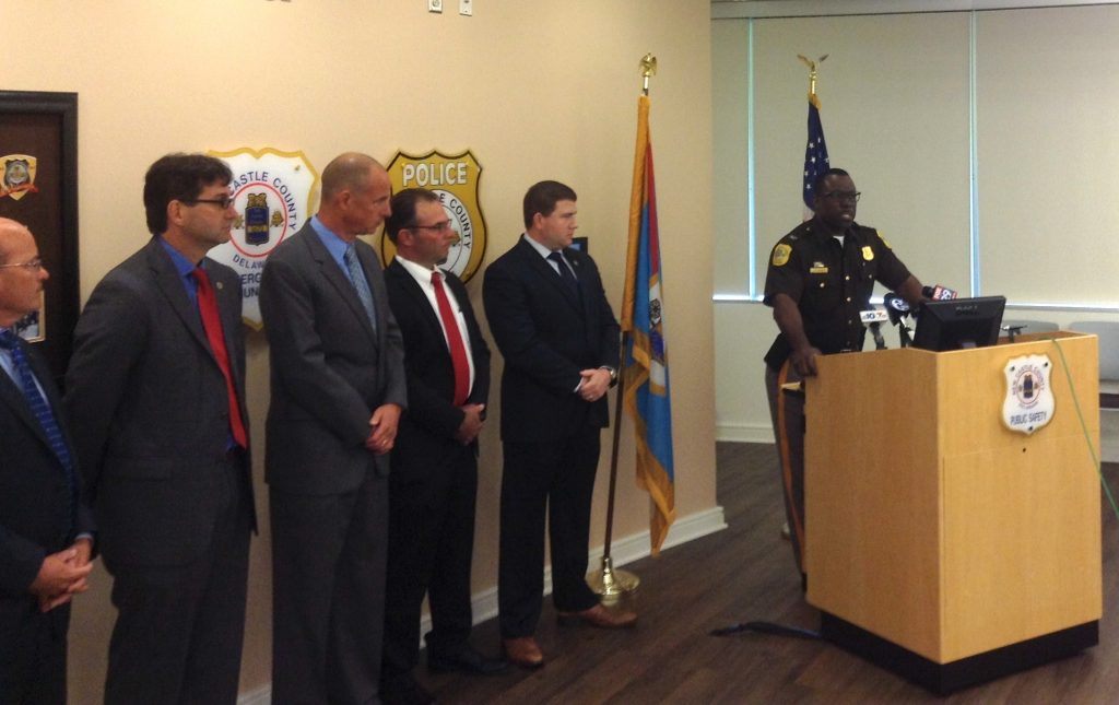 IMG_0693 New Castle County police chief Col. Vaughn Bond announces that Kwesi Hudson, 47, has been charged in a series of sexual assaults and robberies involving female victims. (Zoë Read/WHYY)