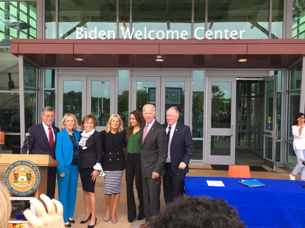 Biden Welcome Center Former Vice President Joe Biden and his family join state leaders at the Delaware Welcome Center on I-95 near Newark Monday morning. The welcome center was renamed in the family's honor. (Mark Eichmann/WHYY)